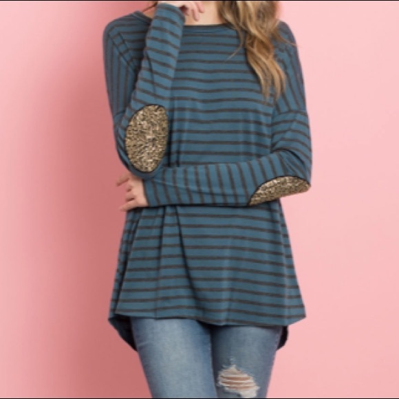 Stripes & Sequin Elbow Patch Tunic Top - Picture 6 of 9